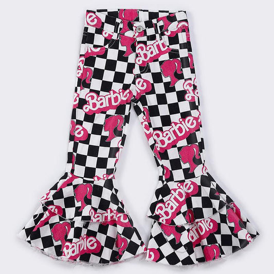 Black Checkered Barbie Print Denim Bell Bottoms