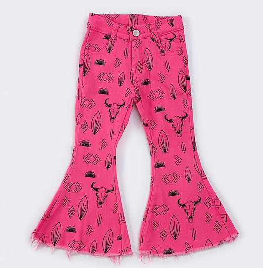 Pink Western Print Bell Bottom Jeans