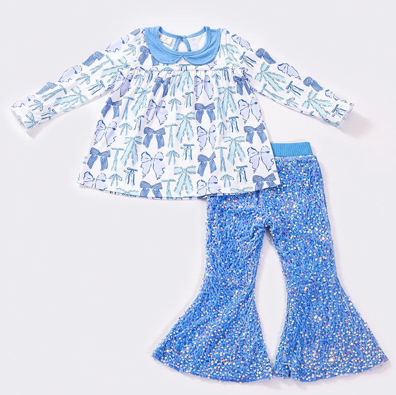 Blue Bow Print Sequin Pants Set