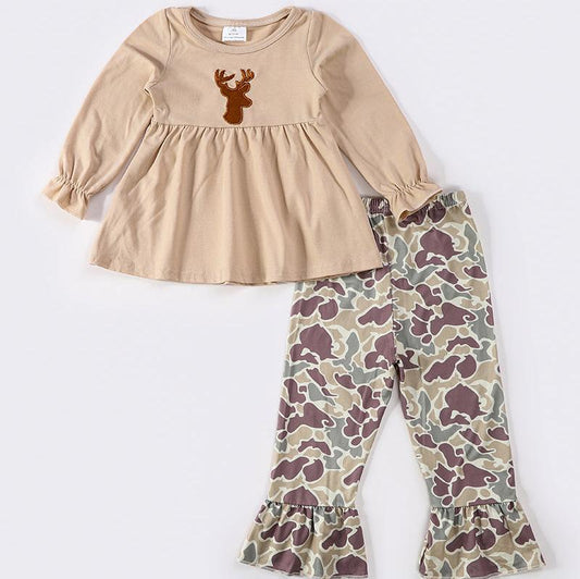 Camouflage Deer Embroidered Girl Pants Set