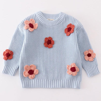 Floral Hand-Embroidered Blue Sweater