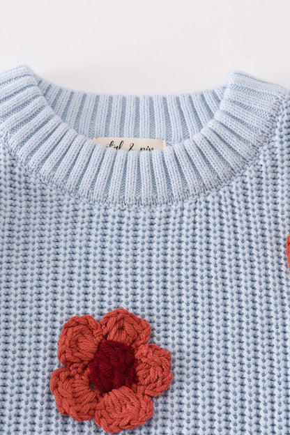 Floral Hand-Embroidered Blue Sweater