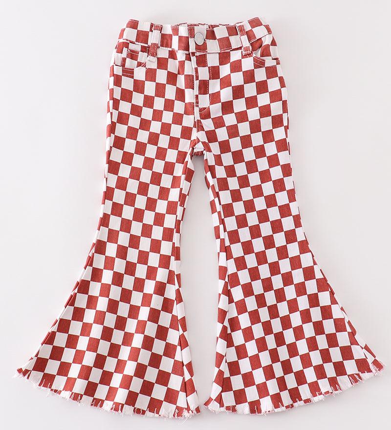 Checkered Denim Bell Bottoms - Terracotta