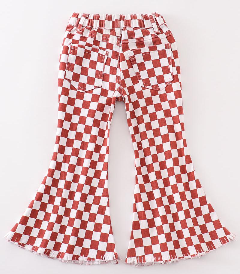 Checkered Denim Bell Bottoms - Terracotta