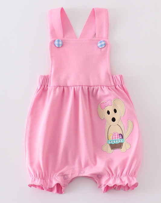 Easter Dog Applique Pink Girl Romper