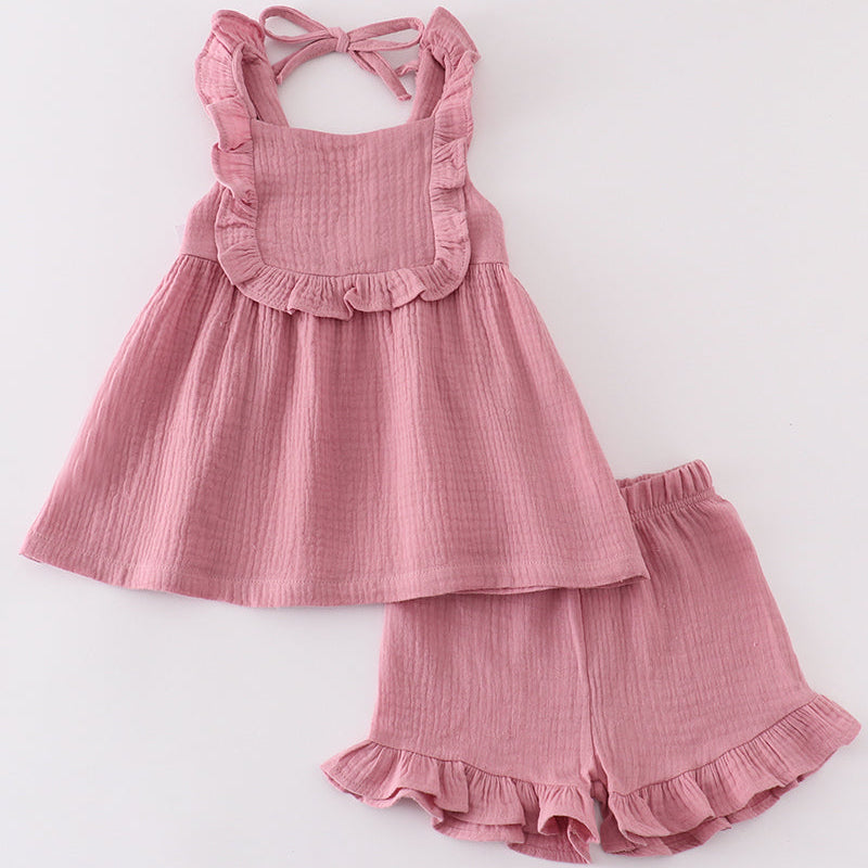 Muslin Mauve Ruffle Girl Shorts Set