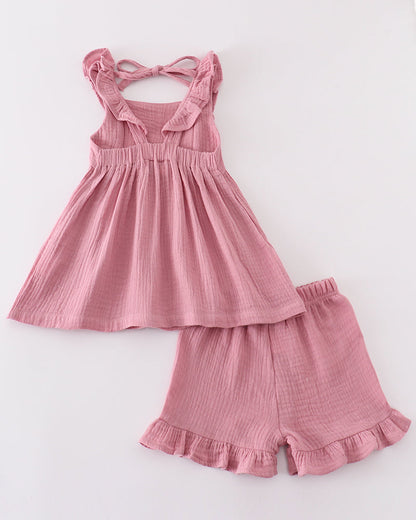 Muslin Mauve Ruffle Girl Shorts Set