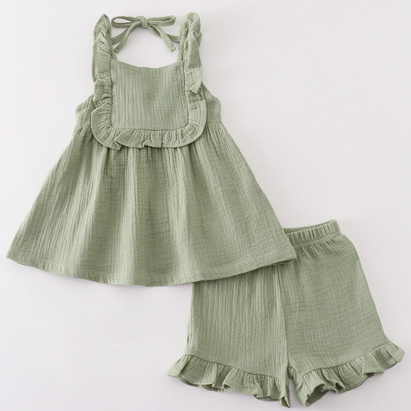 Muslin Sage Ruffle Shorts Set