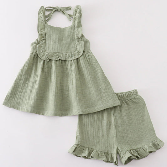 Muslin Sage Ruffle Shorts Set