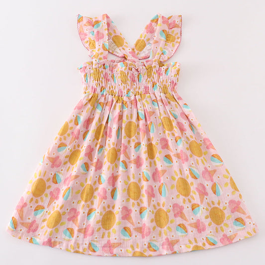 Muslin Summer Fun Print Smocked Ruffle Dress