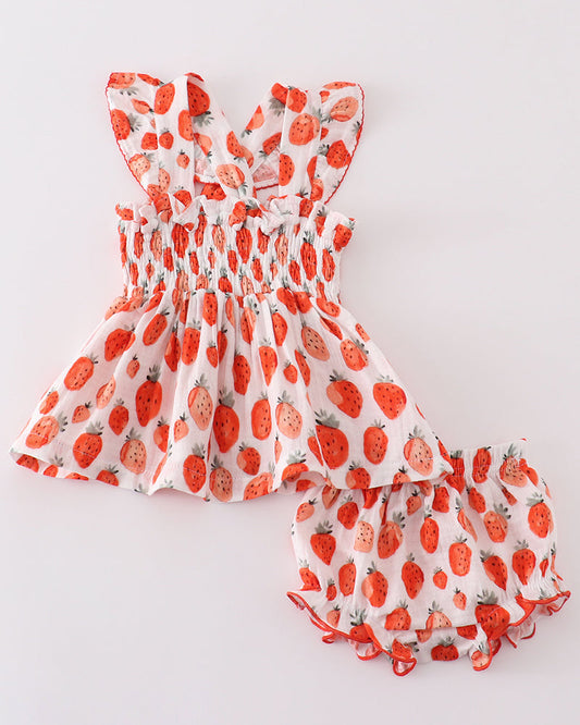 Muslin Strawberry Smocked Baby Bummies Set