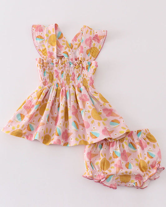 Muslin Summer Fun Print Smocked Baby Bummies Set