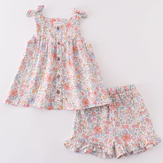 Muslin Floral Girl Shorts Set