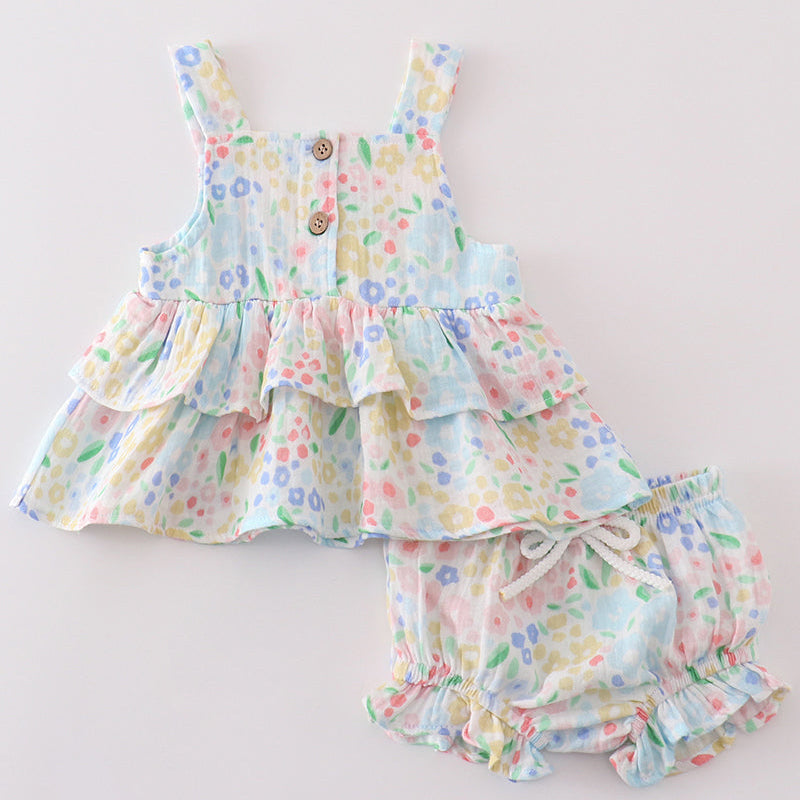 Muslin Blue Floral Ruffle Bummies Set