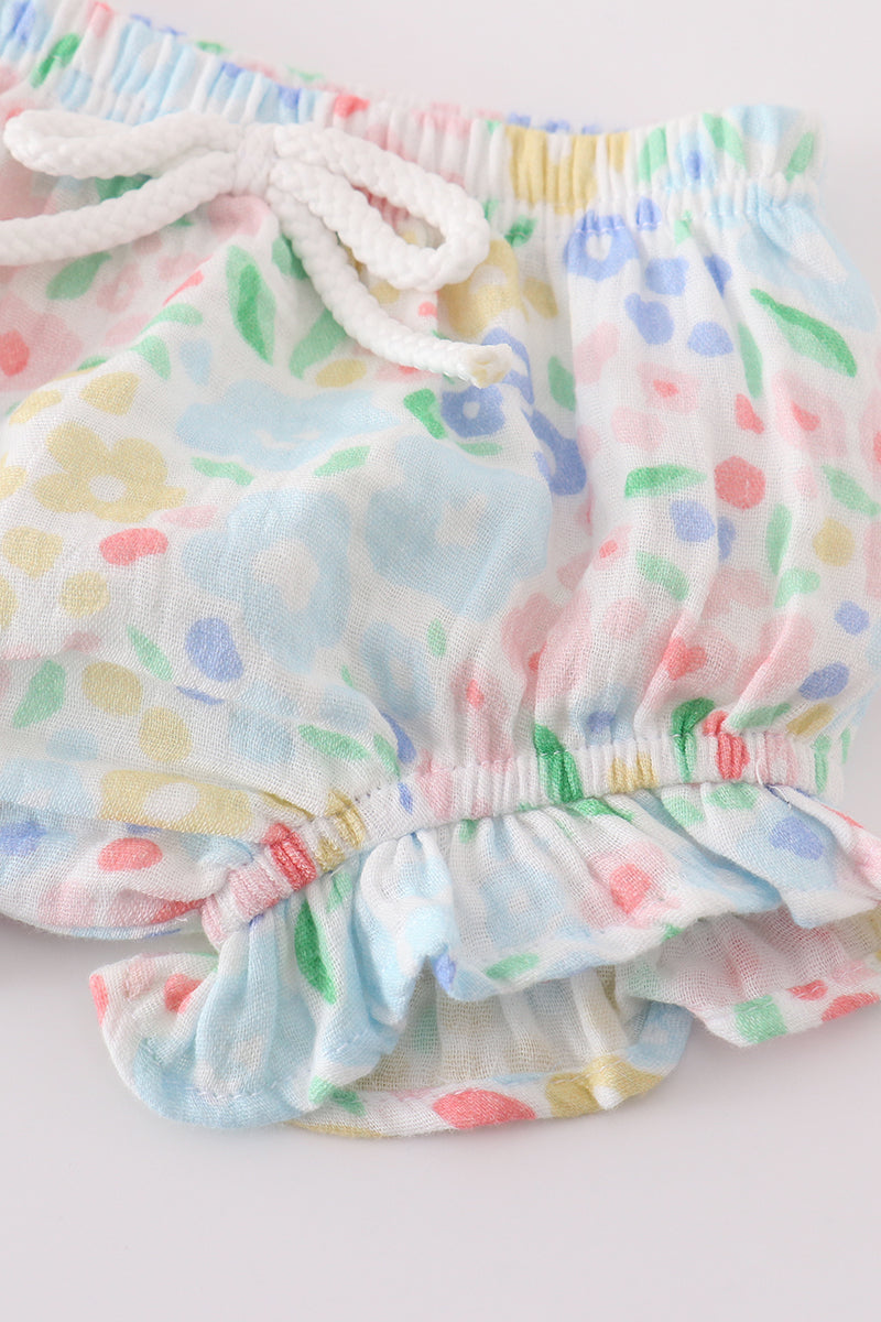 Muslin Blue Floral Ruffle Bummies Set