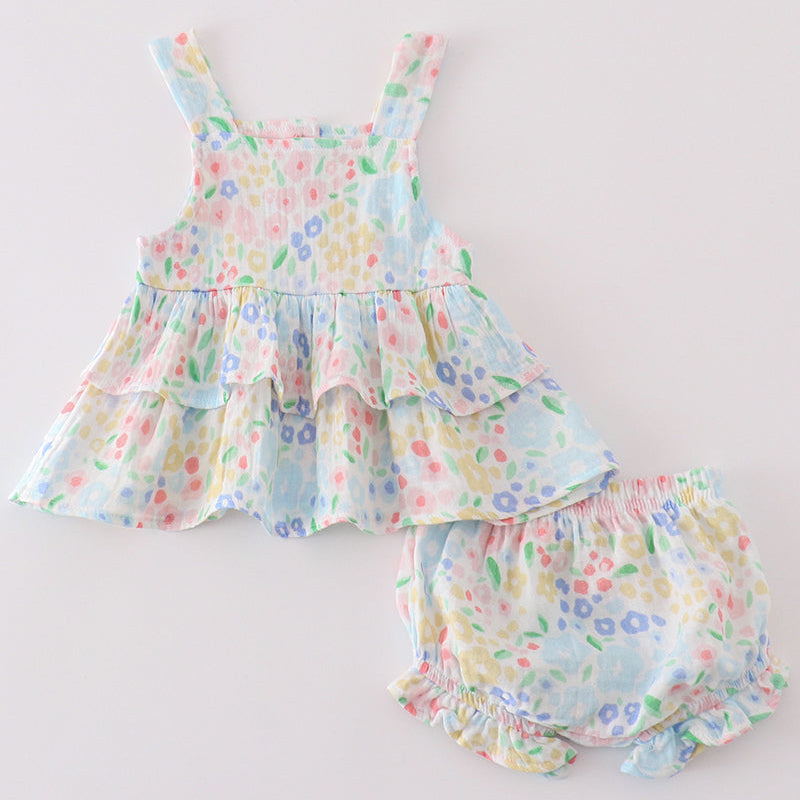 Muslin Blue Floral Ruffle Bummies Set