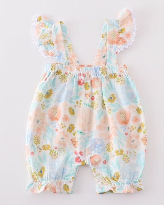 Muslin Blue + Pink Floral Ruffle Girl Romper