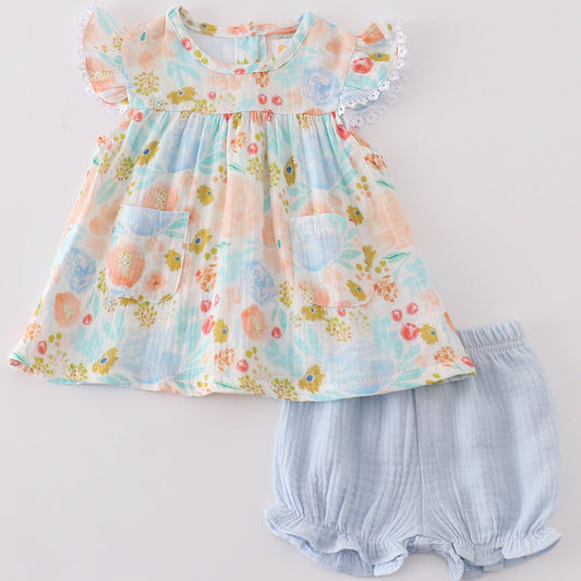 Muslin Blue + Pink Floral Ruffle Baby Bummies Set