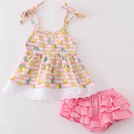 Muslin Pink Stripe Lemon Baby Bummies Set