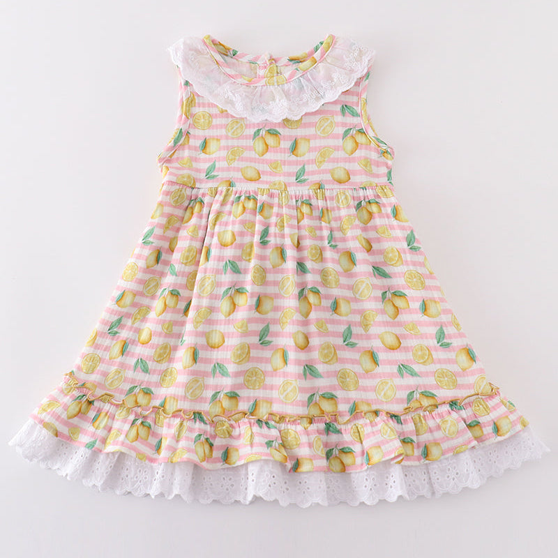 Muslin Pink Stripe Lemon Ruffle Dress