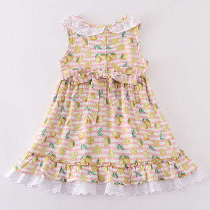 Muslin Pink Stripe Lemon Ruffle Dress