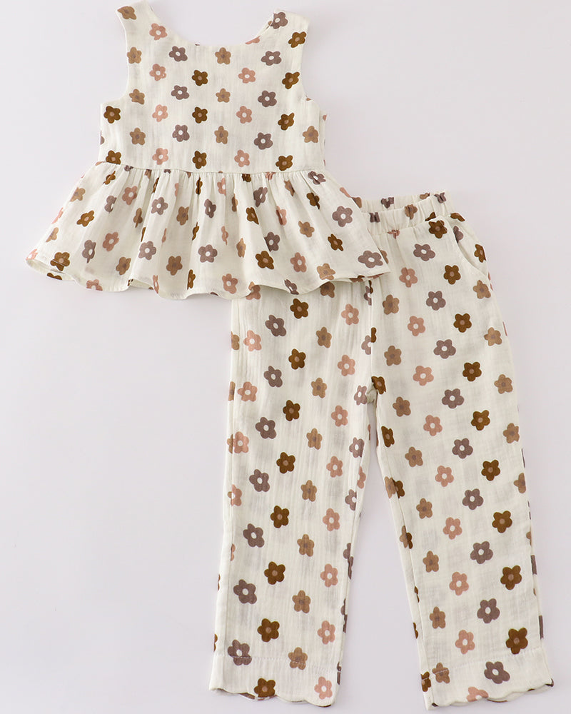 Muslin Khaki Floral Girl Set