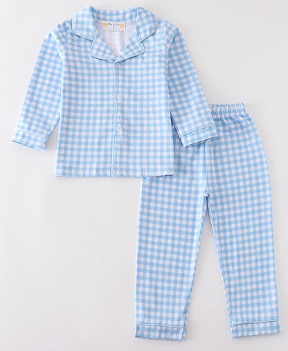 Blue Plaid Boy Button Down Pajamas Set