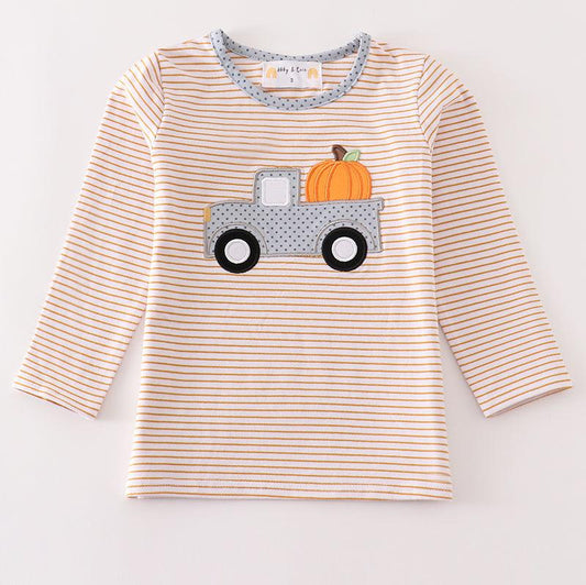 Beige Stripe Pumpkin Truck Applique Boy Top