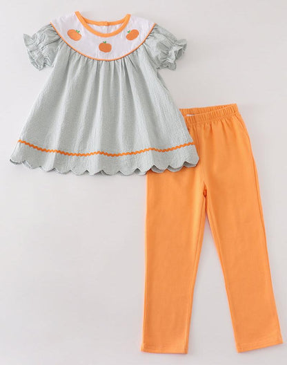 Orange Pumpkin Embroidered Girl Pants Set