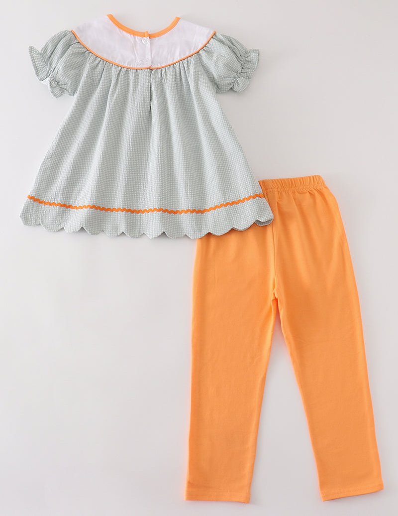 Orange Pumpkin Embroidered Girl Pants Set