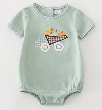 Pumpkin Dump Truck Embroidered Sage Boy Bubble