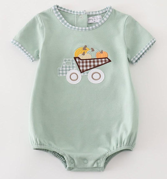 Pumpkin Dump Truck Embroidered Sage Boy Bubble