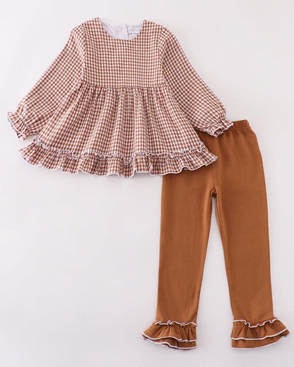 Michelle Caramel Gingham Girl Ruffle Set