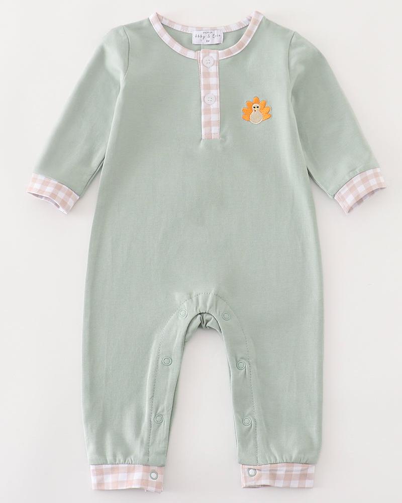 Turkey Embroidered Sage Boy Romper