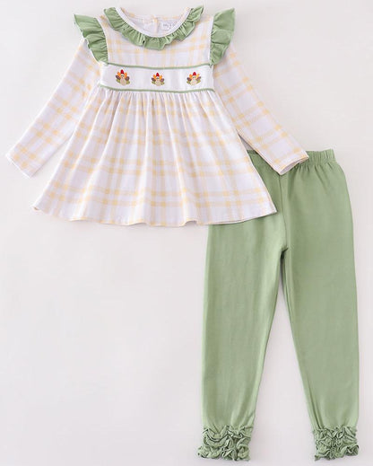 Turkey Embroidered Green Plaid Girl Set