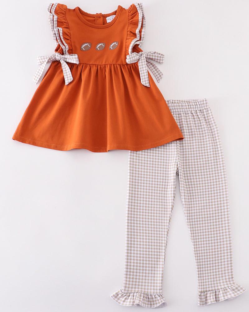 Football Embroidered Camel Gingham Girl Set