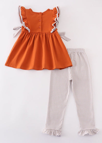 Football Embroidered Camel Gingham Girl Set