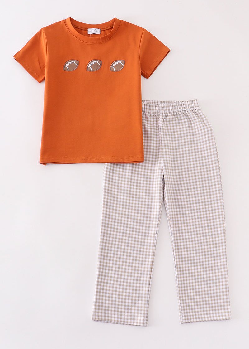 Football Embroidered Camel Gingham Boy Set