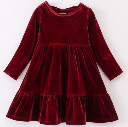 Velvet Tiered Ruffle Dress - Maroon