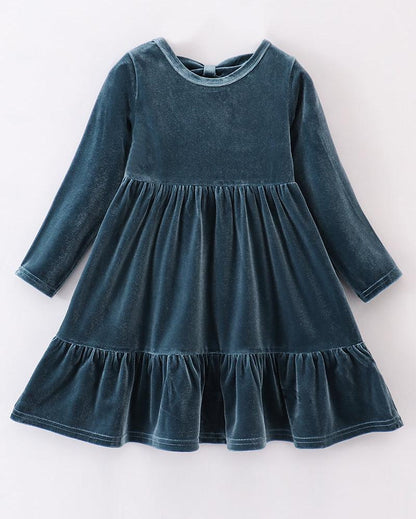 Velvet Tiered Ruffle Dress - Lake