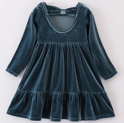 Velvet Tiered Ruffle Dress - Lake