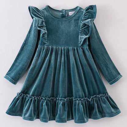 Velvet Ruffle Dress - Teal