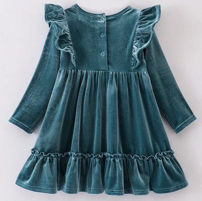 Velvet Ruffle Dress - Teal