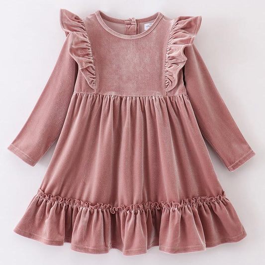 Velvet Ruffle Dress - Rose