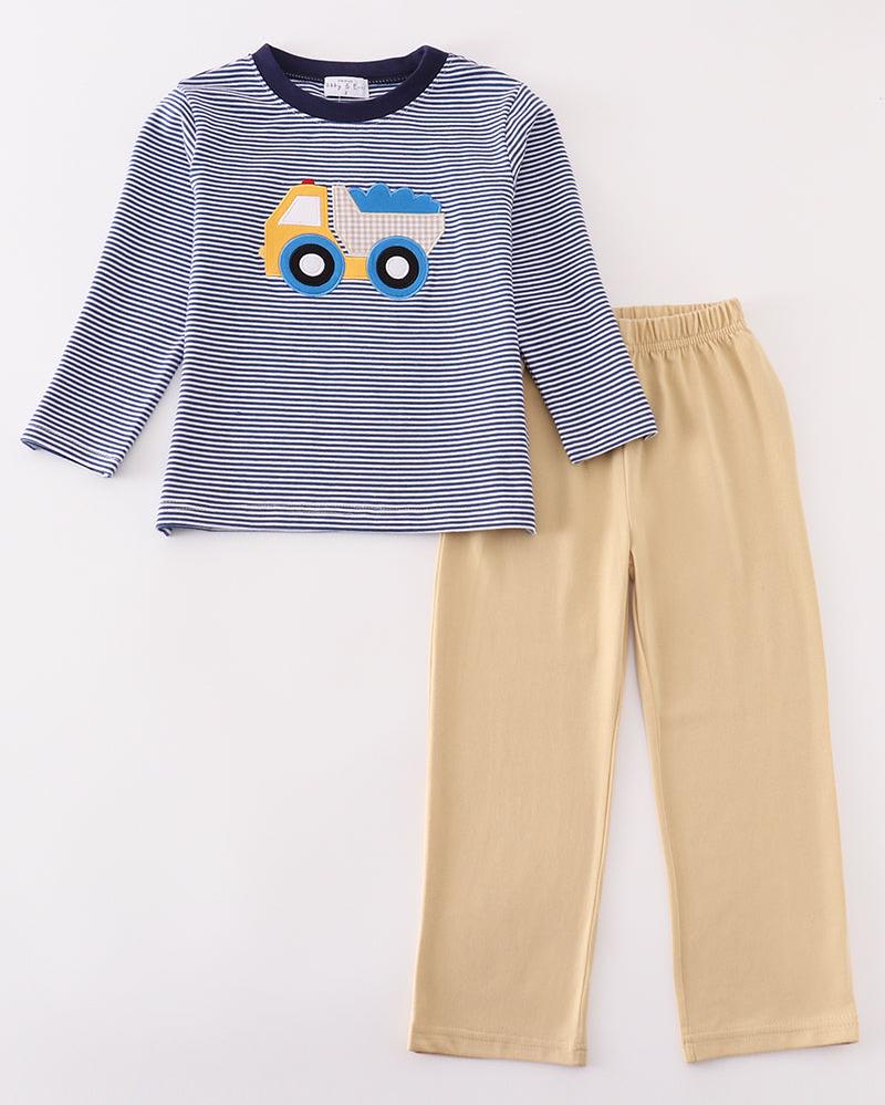 Navy Stripe Dump Truck Applique Boy Set