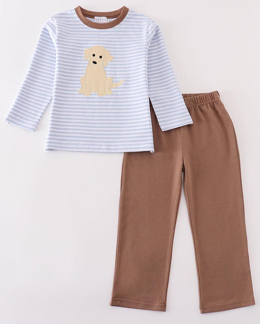 Puppy Applique Brown Stripe Boy Set