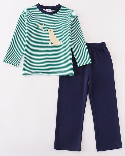 Green Stripe Hunting Applique Boy Set