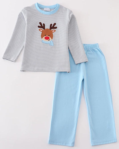 Christmas Reindeer Applique Blue Stripe Boy Set