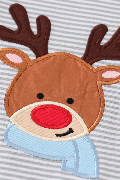 Christmas Reindeer Applique Blue Stripe Boy Set