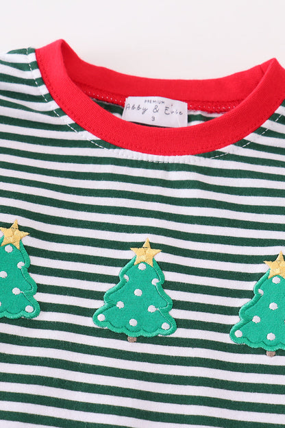 Green Stripe Christmas Tree Embroidered Boy Set